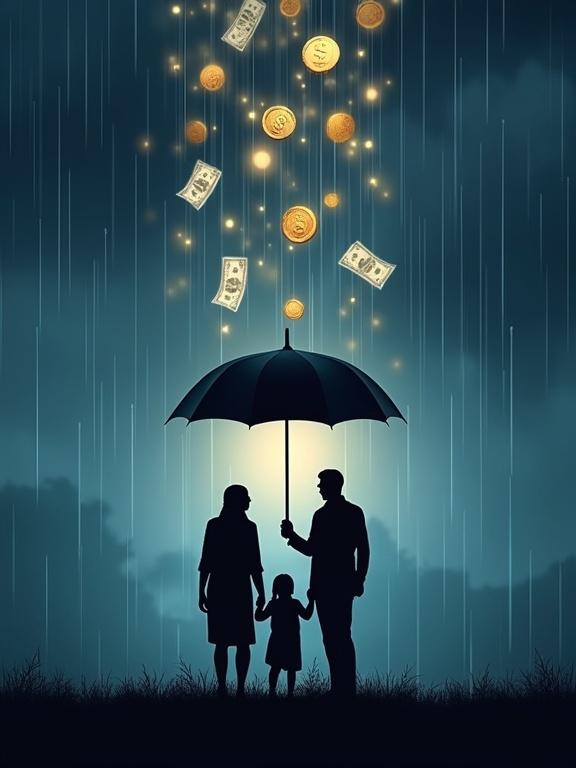 Hyper-realistic cover image shows a protective umbrella shielding a family silhouette from a rainstorm of falling medical bills and lost-income icons. Subtle gold coins in the sky symbolize financial security. Soft lighting and deep blues convey seriousness. Title text at the top reads 'Why Disability Insurance Is a Critical Part of Your Financial Plan' in bold white serif font with a gold drop-shadow.