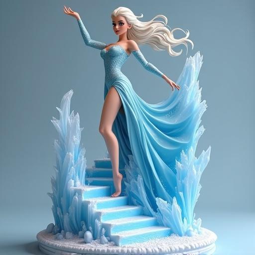A super stylized resin figure inspired by a character resembling an ice queen. The figure is descending an icy staircase, wearing a semi-sheer ice blue dress with a high slit. Long flowing platinum blonde hair. One arm raised, casting an icy spell creating steps. The base has ice stalactites and parts of an ice castle. Artwork suitable for high-end collectible purposes and resin printing.