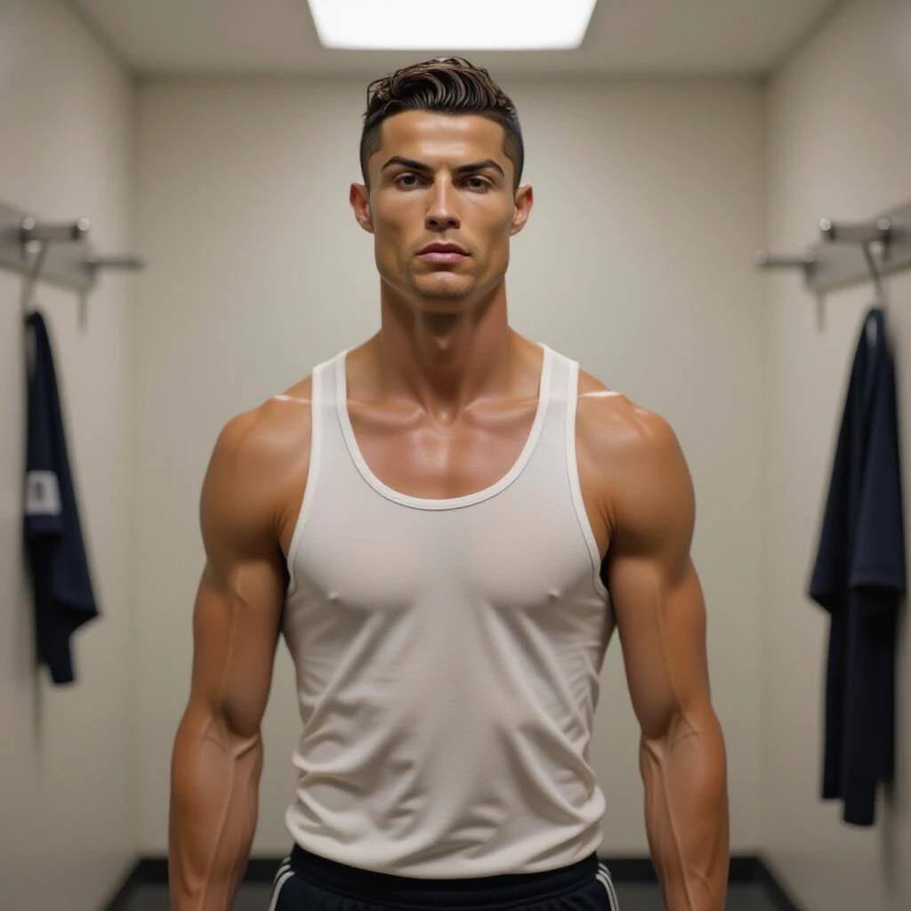 Depict an emaciated man with dramatic features in a locker room. Man has sunken cheeks and thin limbs. Loose tank top shows bony arms. The lighting is dim to highlight the contrast with typical athletic appearance. Artistic style evokes hyper-realism or satire.