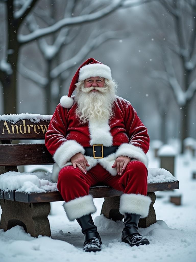 Father Christmas dressed in a red suit with white trim sitting on a bench in a snowy cemetery. Name 'Andrew' is engraved on the bench.