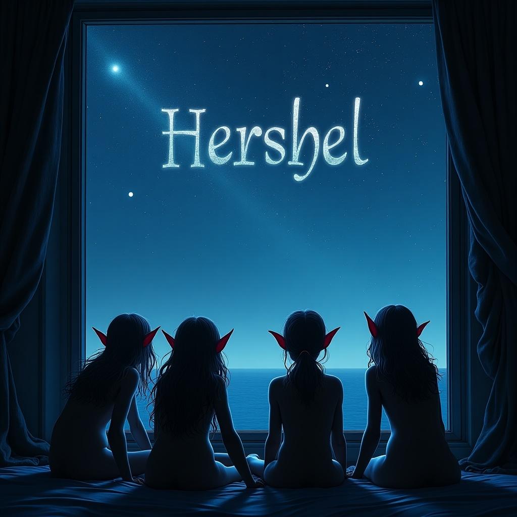 Elves gaze out at night sky through a window. Four figures are depicted with pointed ears. Name Hershel glows in the night sky.