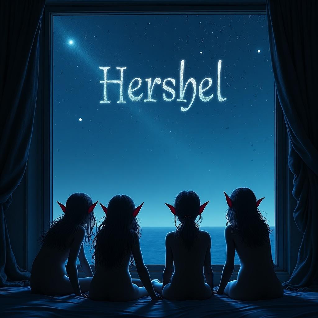 Elves gaze out at night sky through a window. Four figures are depicted with pointed ears. Name Hershel glows in the night sky.