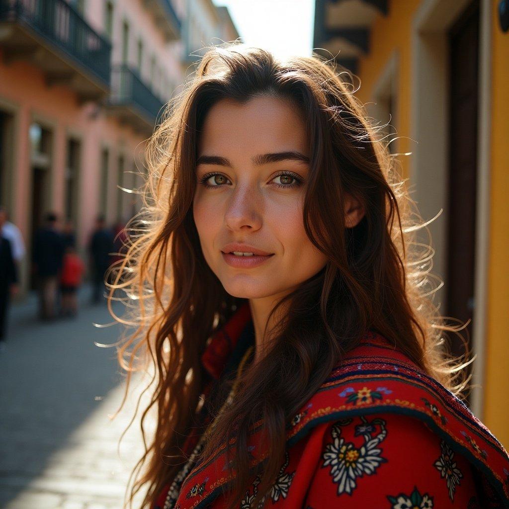 Portrait of a young woman with long hair in a vibrant red jacket. She smiles softly, standing in a sunlit street with historical buildings. The background is slightly blurred. Her natural beauty is highlighted by warm sunlight.