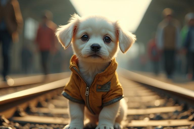 Tuku is a white puppy standing on two legs. Tuku wears a tattered yet clean outfit. Tuku has glowing expressive eyes. A railway platform serves as the background. The setting includes blurred passersby. The atmosphere feels both isolated and resilient. The colors used are golden and soft blue. Textures of Tuku's fur and clothes are realistic. The mood is emotional and inspiring.