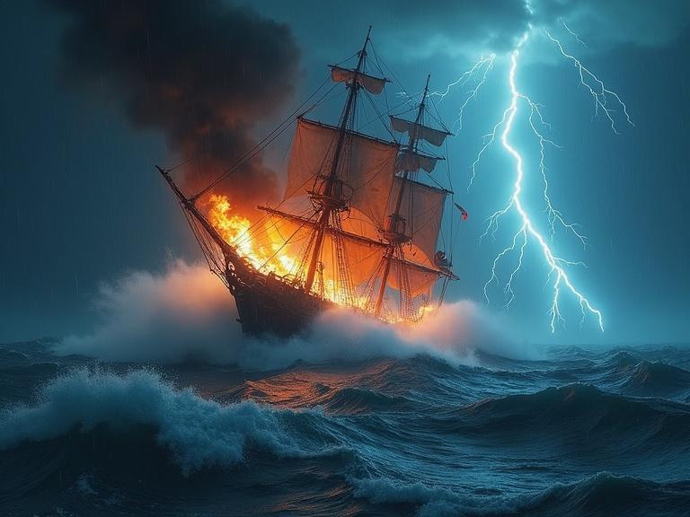 Ultra-realistic depiction of a stormy night at sea. Massive waves crash against a pirate ship engulfed in flames. Lightning strikes illuminate the scene, creating a dramatic atmosphere. The angle captures the intense action and chaos of the storm.