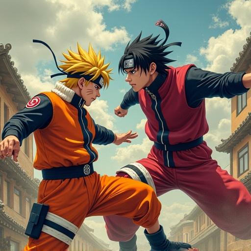 Naruto, Goku and Satoru face off in an intense fighting scene. All three characters show their unique fighting stances and expressions. The background inclues anime-style architecture with a vibrant color scheme.