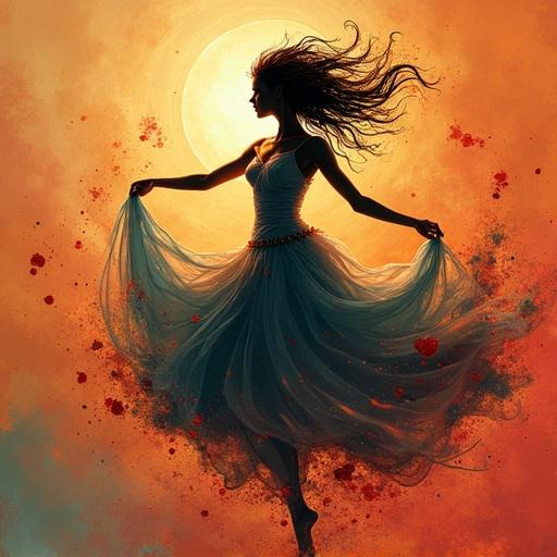 A silhouette of a dancing spirit under a large moon with flowing dress and splashes of color around her.