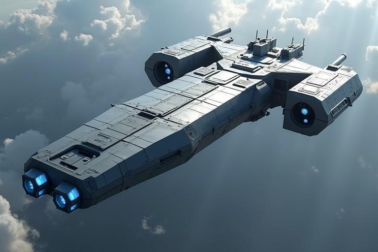 Create a detailed image of a military starship with a long grey, wide, rectangular body. The starship has blue engines and is in the troposphere. Focus on realism with intricate details, textures, and shadows in 4K.