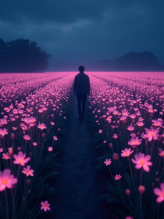 A bioluminescent flower field with a lone figure walking through. The figure is silhouetted against glowing flowers. The scene is illuminated by gentle light.