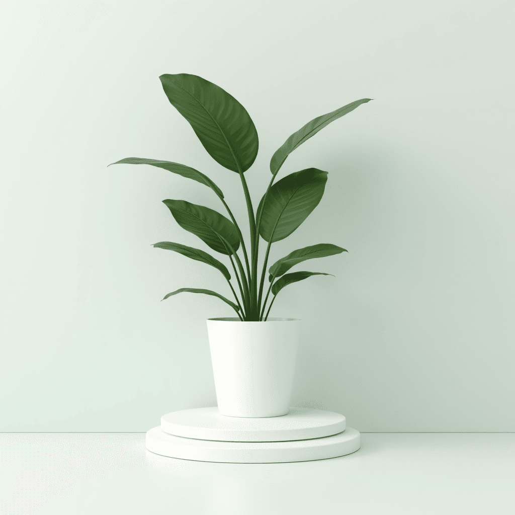 A minimalist indoor plant in a white pot against a soft green background.