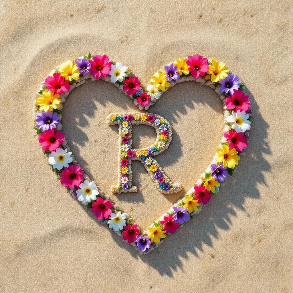 A heart shape is formed with colorful flowers. The letter R is placed in the center of the heart. The background is sandy and bright. Flowers are vibrant and varied.