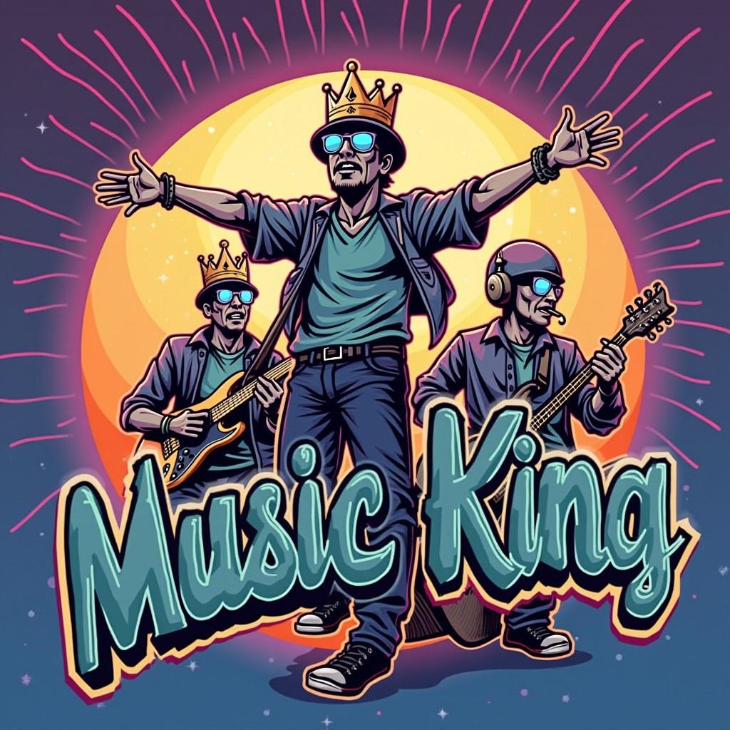 Three musicians represent a music king. One musician stands with arms open wide in a dynamic pose. Two musicians play guitar positioned beside the main figure. The background features a large glowing circle with vibrant colors.