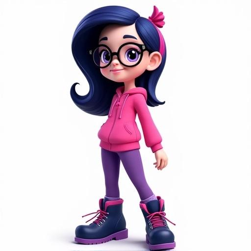 A Pixar-style animated girl character with glasses navy blue hair pink purple stripe wearing a pink hoodie purple tracksuit pants knee-high navy blue hiking boots with pink laces no background