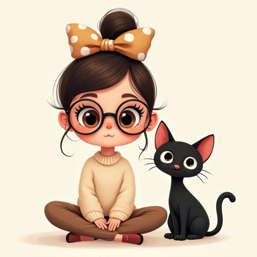 Illustration of a cute girl with big eyes sitting cross-legged. She has a ponytail with a big bow. Wears large round glasses and a light patterned sweater. A black cat sits next to her. Bright pastel colors.