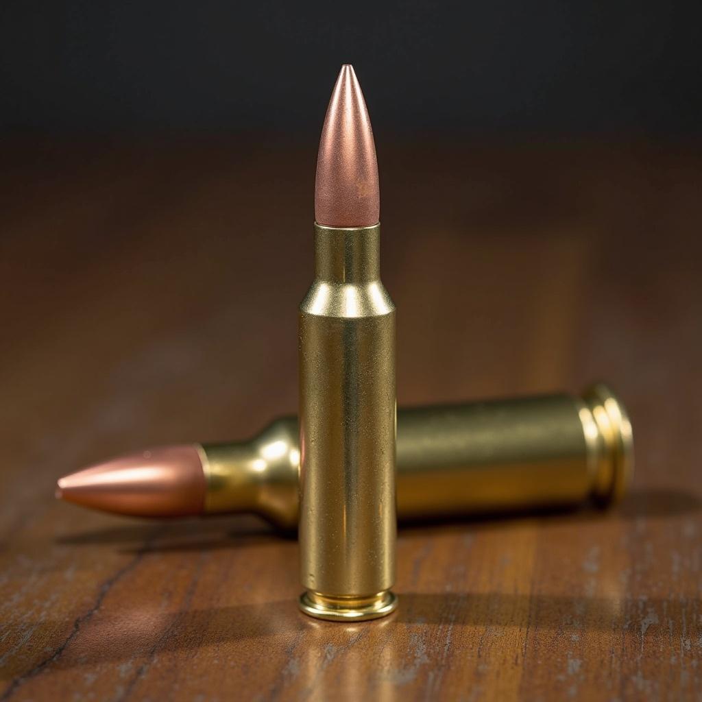 A pistol cartridge has the width of .40 Smith & Wesson. It has the length of .45 Long Colt. The cartridge is displayed on a wooden surface. The image displays metallic colors.