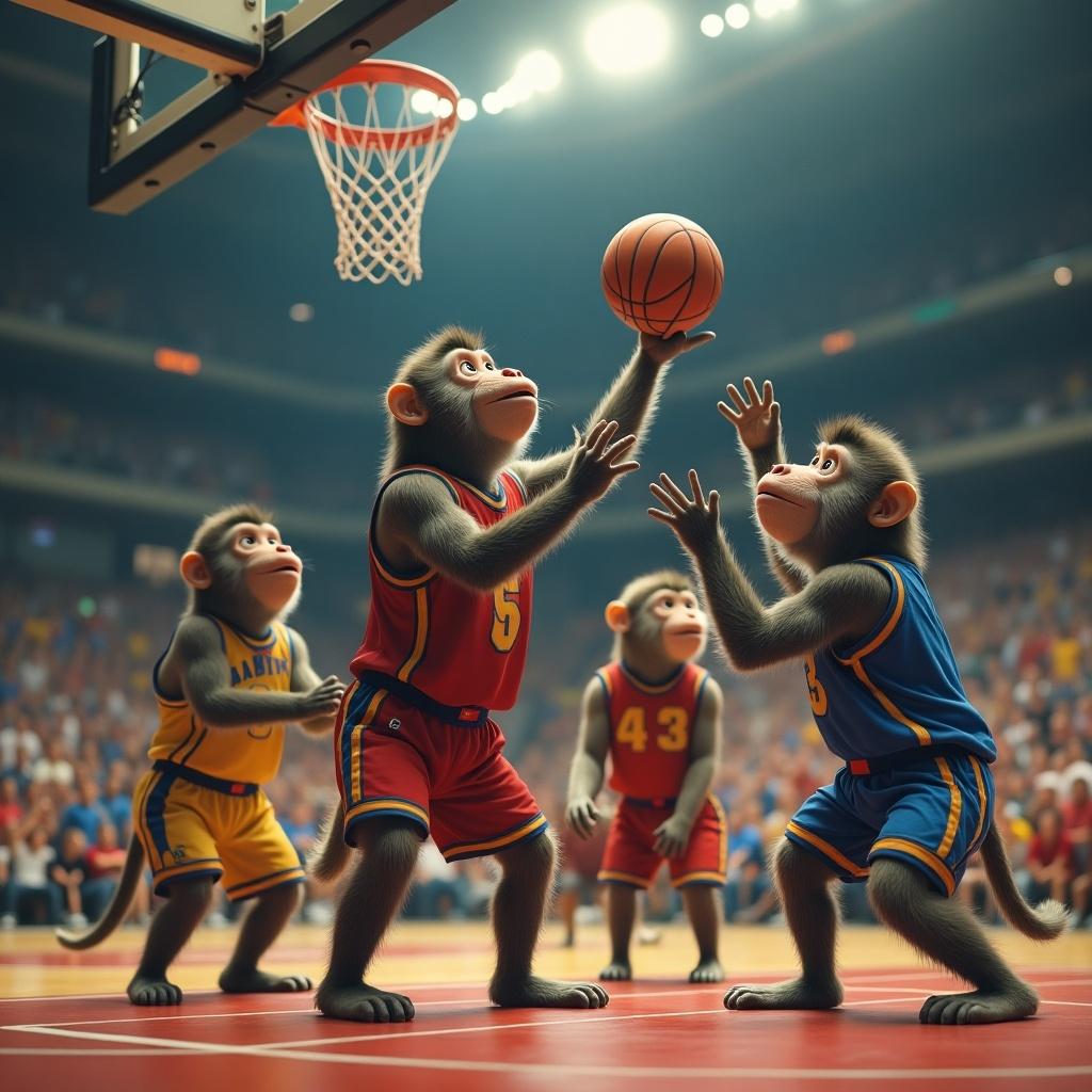 Monkeys in colorful jerseys play basketball in a stadium filled with spectators.