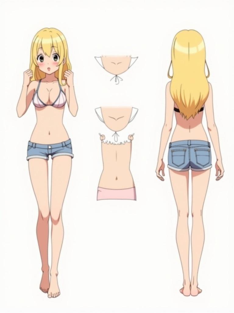 Anime style character sheet with a blond-haired girl. She is shown from front, side, and back views. The girl wears a bikini top and denim shorts.