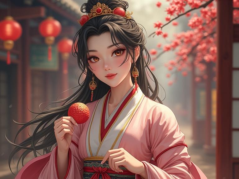 A female character in traditional outfit holds a decorative red orb in a vibrant outdoor setting surrounded by cherry blossom trees and lanterns. The scene captures the essence of Asian culture with soft lighting and a dreamy atmosphere.