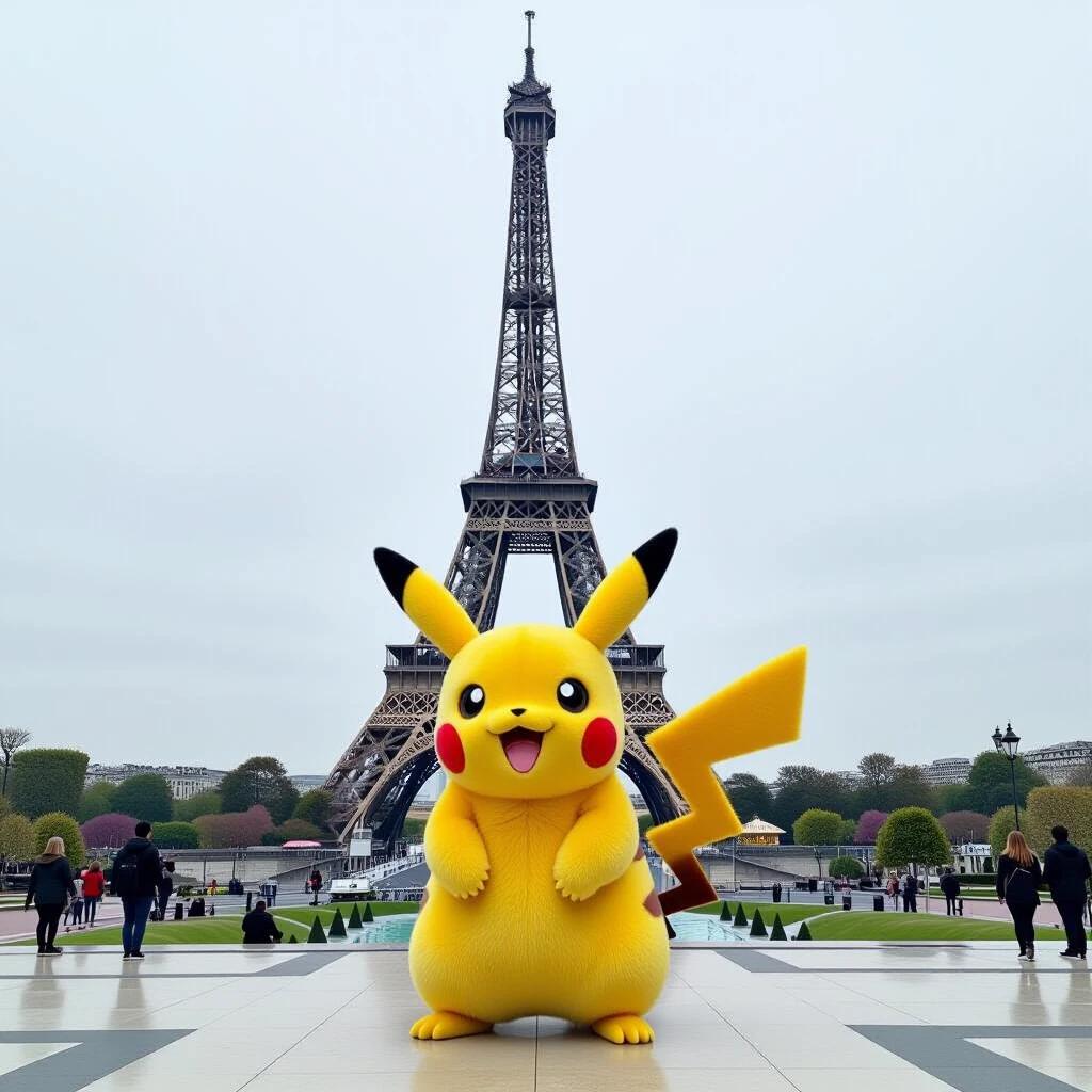 Pikachu stands in front of the Eiffel Tower. Pikachu smiles with arms open. Background features famous French landmark. Daytime setting with cloudy sky.