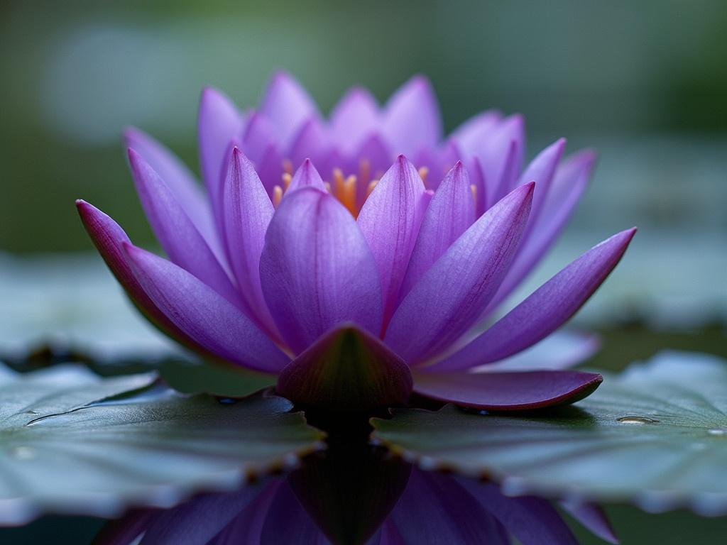 This image features a serene and vibrant purple water lily, gracefully blooming atop a calm surface. The flower showcases a mix of deep violet and lighter purple hues, creating a striking contrast with the soft green pads beneath it. The petals are delicately layered, revealing a rich texture and radiant colors that capture light beautifully. A few subtle yellow stamens peek from the center of the flower, adding a touch of brightness. The background is softly blurred, providing focus on the lily, enhancing its tranquil beauty. This image evokes feelings of peace and calmness, making it a perfect representation of nature's elegance.