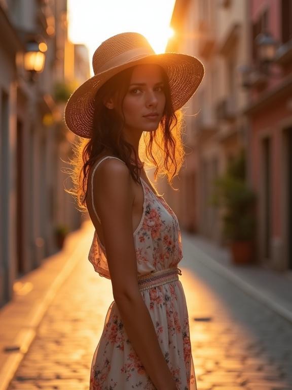 A woman with dark brown hair stands on a cobblestone street at sunset. She wears a light summer dress with a floral pattern and a straw hat tied with a ribbon. Delicate strappy sandals are on her feet. The sunset creates a warm glow on the old buildings.