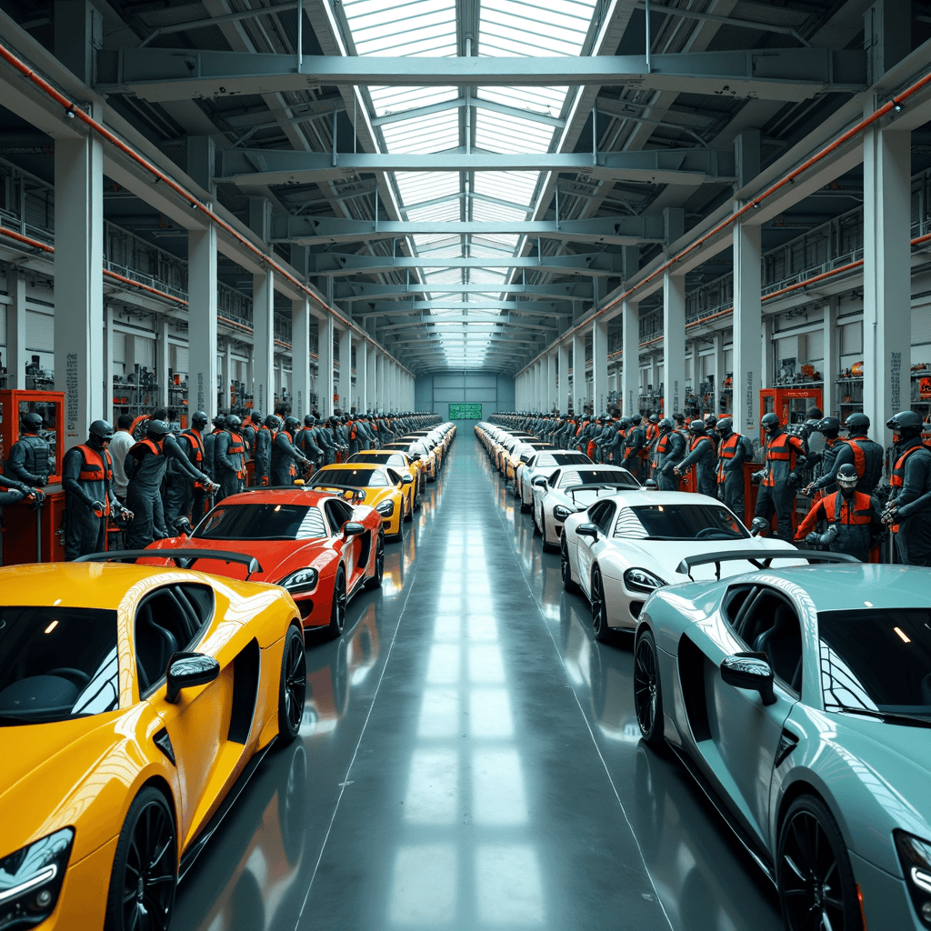 A high-tech automotive factory showcasing a line of vibrant sports cars being assembled by humanoid robots.