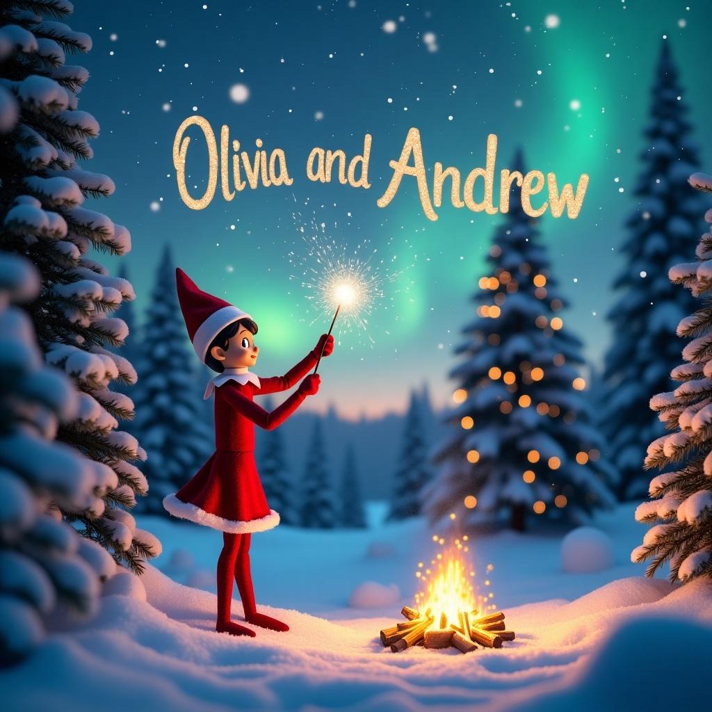 A female elf stands in a snowy forest. The elf uses a magic wand to write in the night sky. The words 'Olivia and Andrew' shimmer. Snowflakes swirl around the elf. Northern lights glow in the background with pink, purple, and turquoise. A campfire lights the scene. A snow-covered Christmas tree stands in the distance.