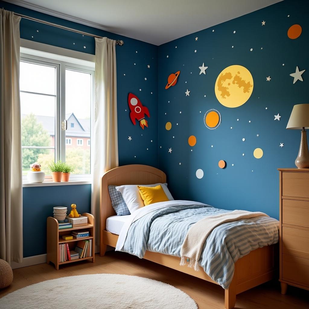 This image showcases a cheerful children's bedroom. The walls are painted in a deep blue, adorned with colorful planets and a small red rocket. A cozy bed is neatly made up, with soft bedding and cushions. There's also a small bookshelf filled with books. Natural light pours into the room, enhancing the whimsical atmosphere created by the moon decorations on the wall.