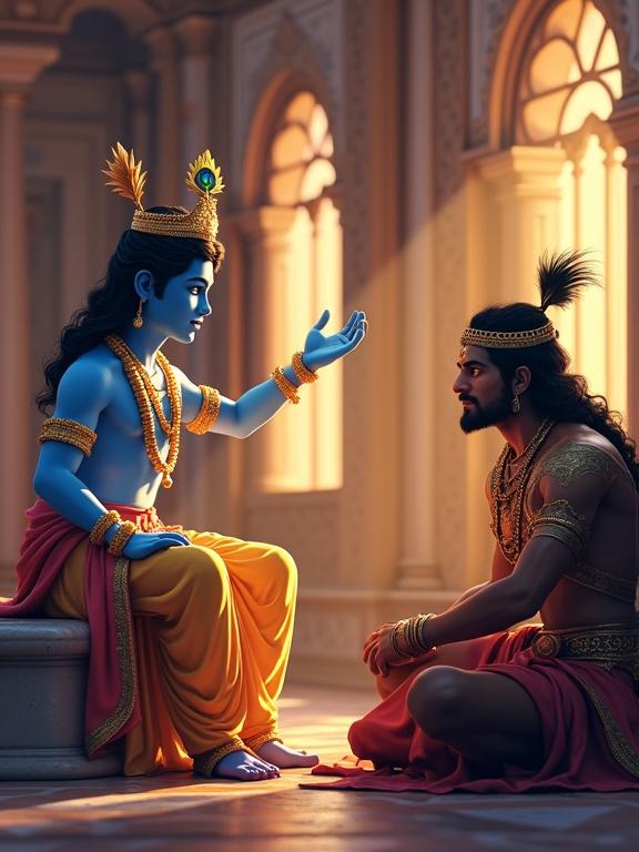 3D pixel art scene featuring a divine conversation between Lord Krishna and Karna in Karna’s royal chamber. Krishna with glowing blue skin and a golden crown speaks with calmness while Karna in royal armor shows shock and confusion. The room is filled with soft light filtering through ornate windows, creating an atmosphere of dramatic tension and destiny.
