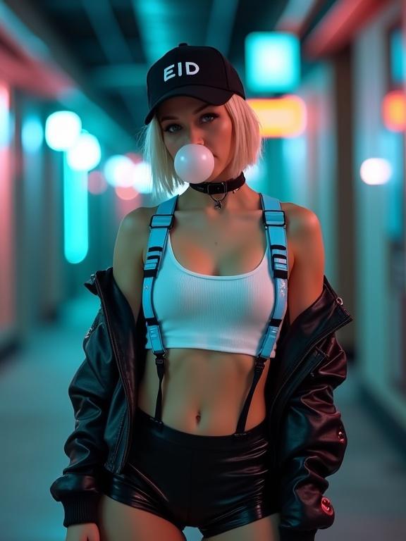 Photo of a young woman in futuristic urban setting. She has light skin and short blonde hair. She blows bubblegum. She wears a black cap with 'EID', a white crop top, and a black leather jacket. She has neon blue braces on her shorts. Wearing tight black shorts and black pantyhose. Background is dark corridor with neon lights. The image showcases leading lines and engaging depth of field.
