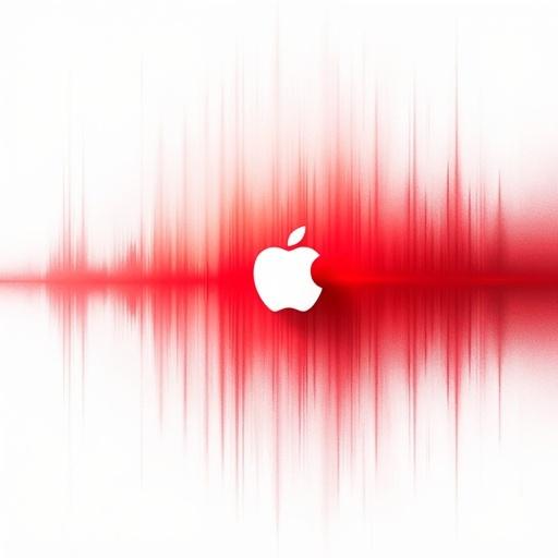 Promotional image featuring a white background and a red silhouette of sound waves. Centralized Apple logo captures the focus. Aimed at standard subscription services, visually appealing with elements representing audio and assistant integration. Designed with a professional look suitable for Apple branding.