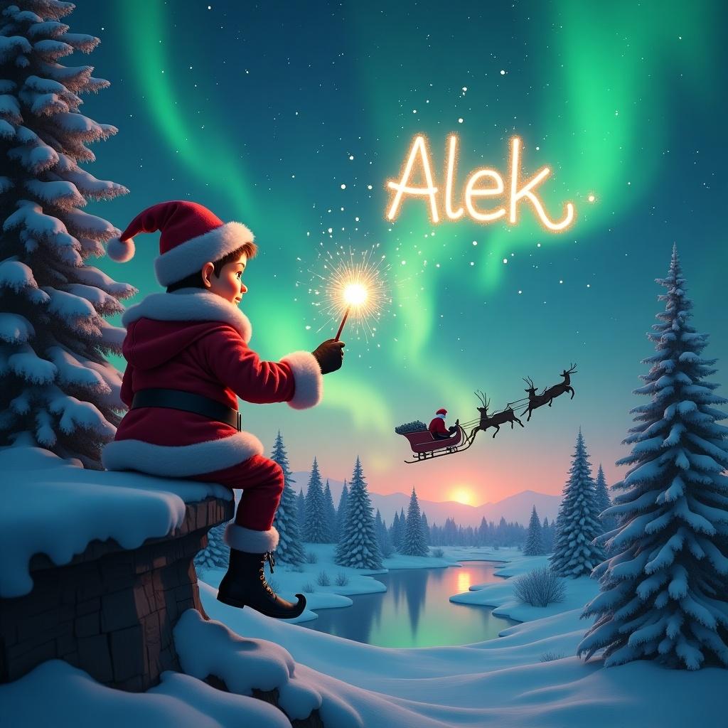 Christmas themed scene with an elf on the shelf. Elf facing the sky writing the name Alek with a wand. Magical background featuring northern lights and Santa in the sleigh.