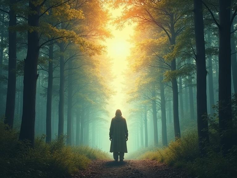 A figure standing in a forest with ethereal layers of light and energy. Realistic style with symbolic elements showcased through vibrant colors. The scene captures a mystical ambiance in a 9:16 aspect ratio.