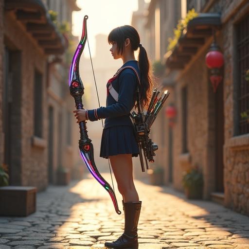Realistic girl archer stands on medieval street. Japanese-style school uniform worn. High-tech colorful energy bow held. Quiver visible on back. Ancient cobblestone surroundings. Morning sunlight creates calm vibe. Determined expression seen. Cinematic lighting enhances image. Details include glowing elements and reflections. Low ponytail hairstyle flows naturally. Modern meets ancient aesthetics.
