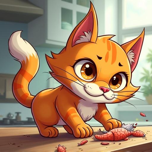 A friendly caricature of a ginger cat with gleaming amber eyes stealing a fish from a kitchen counter. The cat has an adorably guilty expression and a fluffed tail. There are chaotic paw prints around, comic-style speed lines, and the colors are vibrant with exaggerated proportions.