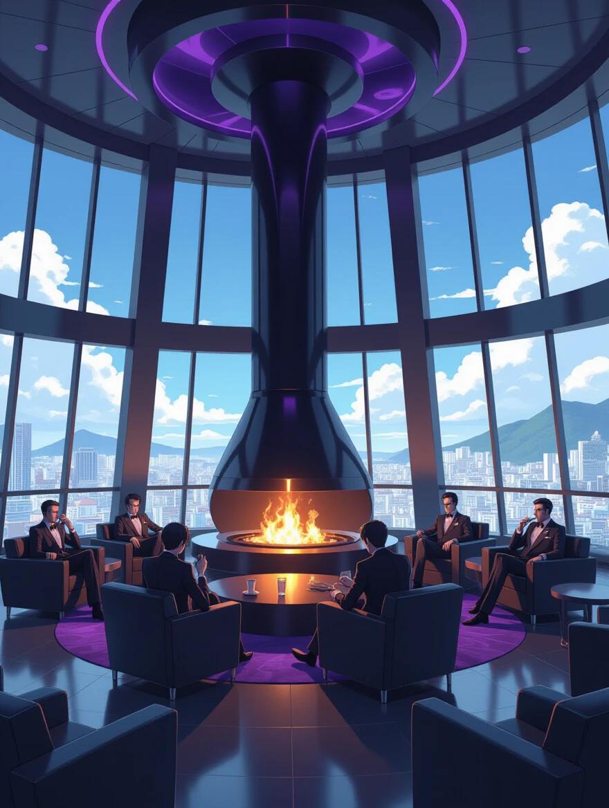 Interior of a luxurious lounge in a neo-futuristic building. The lounge features a large modern fireplace with purple and black accents. Six employees are seated and dressed in edgy clothing. The scene captures a summer noon atmosphere with views of Rio de Janeiro.