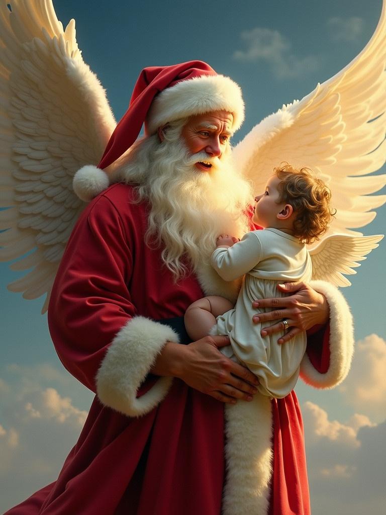 Father Christmas in a red suit with white trim holds a baby while an angel stands nearby. The scene is set in a heavenly atmosphere filled with soft clouds. It portrays warmth and family togetherness during the Christmas season.