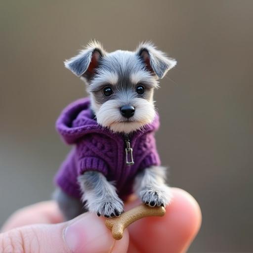 A tiny gray schnauzer puppy smiles widely. Puppy is on a person's fingertip. The puppy wears a purple hoodie. His small body fits comfortably on one finger. He has a sweet face. The puppy holds a little dog bone. His demeanor is cheerful and happy. The puppy looks tender and lovely with a big happy smile.