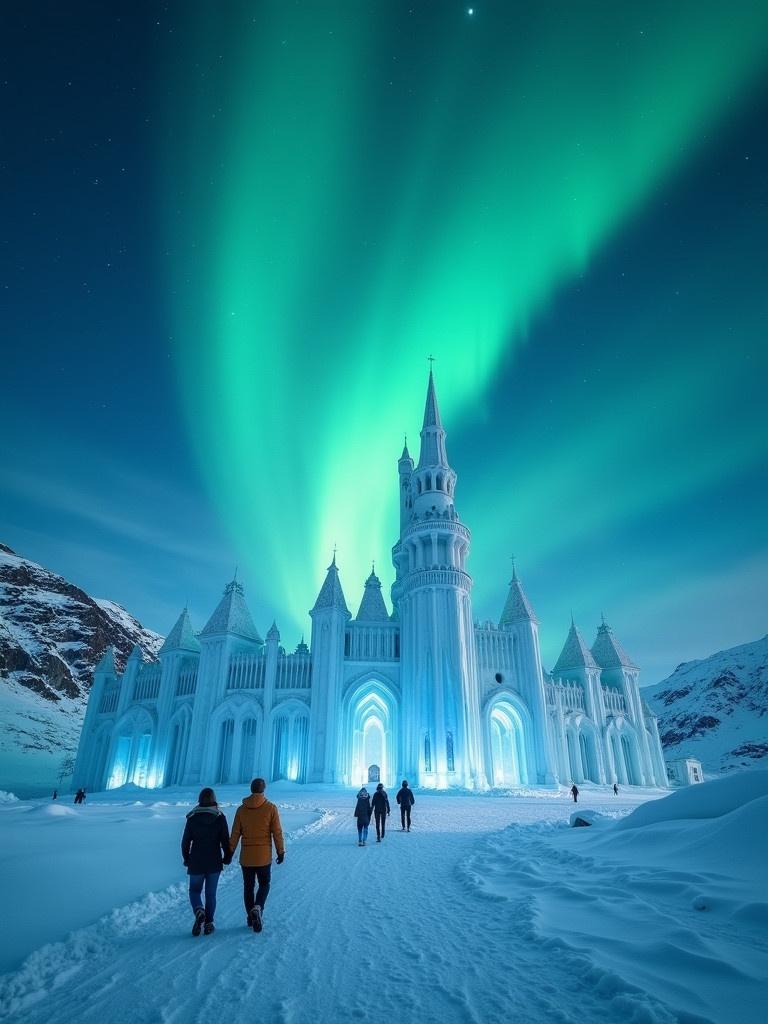 Majestic ice palace stands under Northern Lights. Group of people walks towards palace on snowy ground at night.