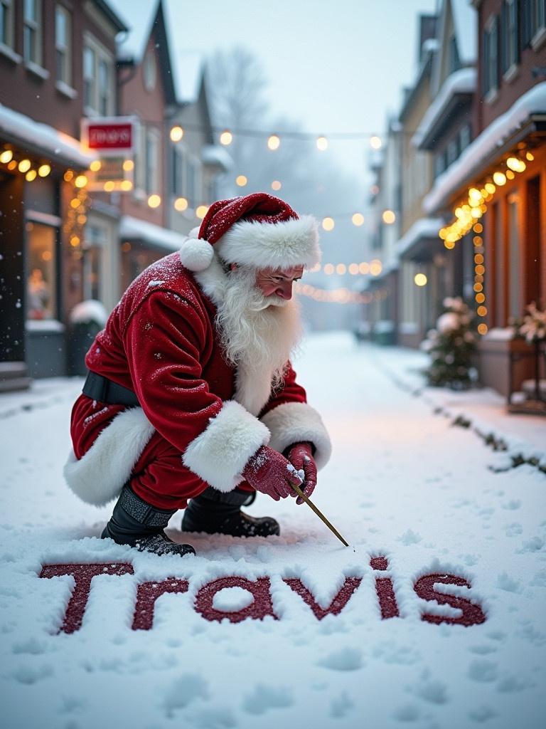 Santa Claus writes name in snow with a stick. He wears traditional red and white attire. The street is snowy with charming buildings around. Soft winter light creates a festive glow.