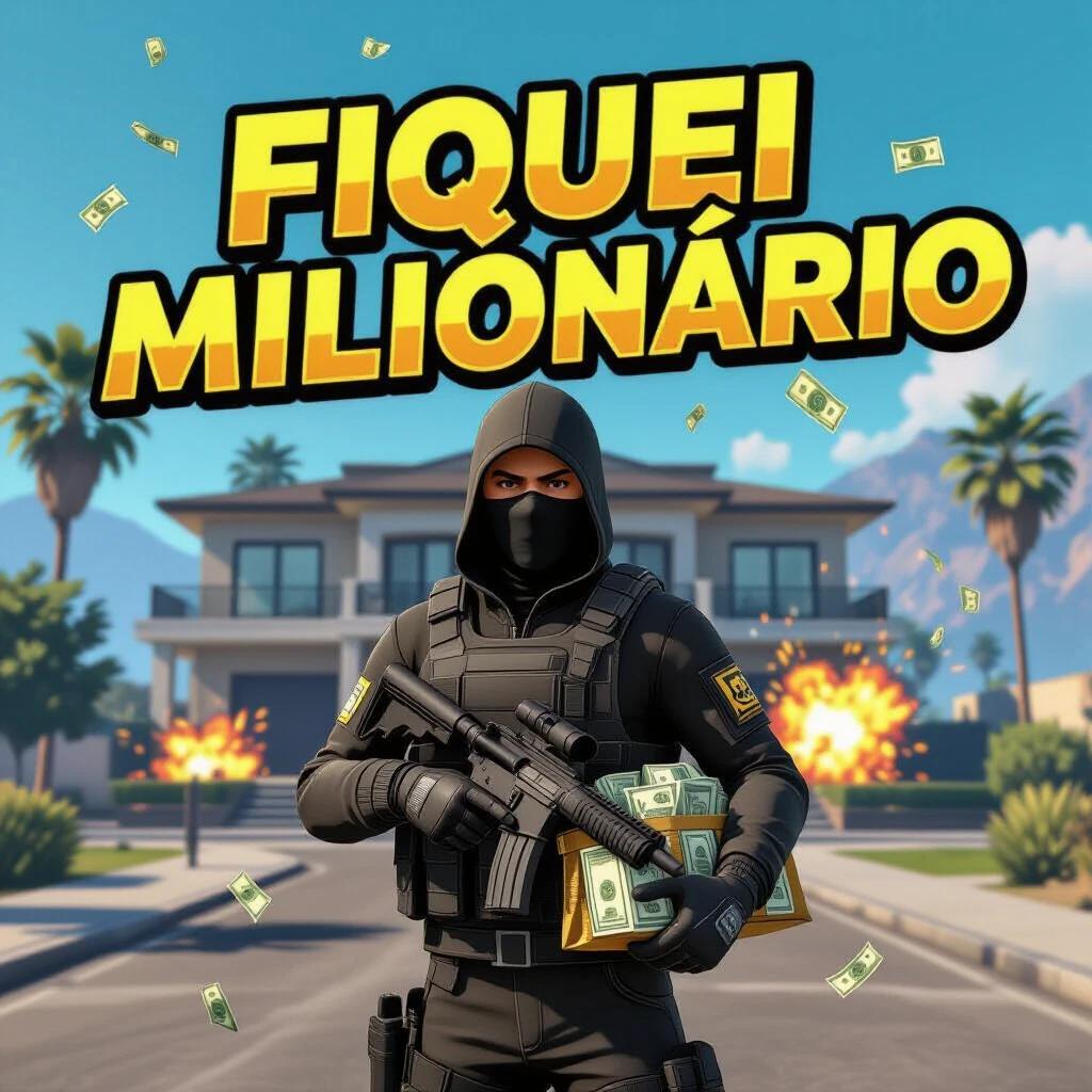 Thumbnail for a YouTube video showing the main character in tactical black clothing holding a briefcase of money. Background includes a mansion with explosions and flying dollar bills. Large golden text at the top says 'FIQUEI MILIONÁRIO'. Vibrant vibrant style with strong contrasts and bright colors.