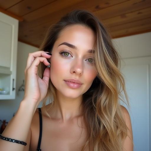 Close-up eye-level photograph featuring a young woman with fair skin aged between 18 to 25. Long wavy light brown hair with highlights. Hair tucked behind right ear. Left hand touching hair at left temple. Black-painted nails. Wearing a black bra. Black eyeliner. Natural pink lips. Light-colored eyes. Silver earring in right ear. Black hair tie on left wrist. Soft blurred indoor background with a kitchen counter and wooden ceiling visible.
