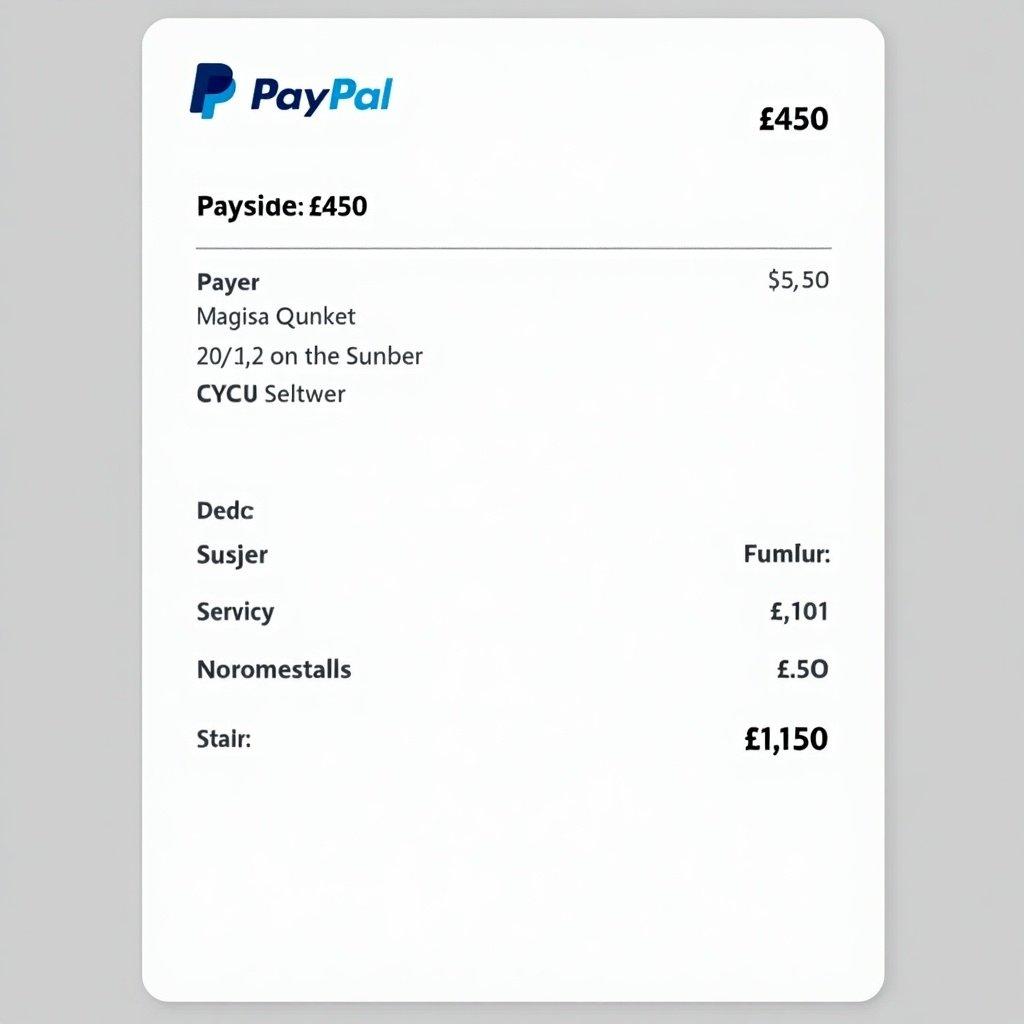 PayPal payment receipt displays transaction of £450 with payer details. Features PayPal logo at the top. Design is minimalist and suitable for online payments.