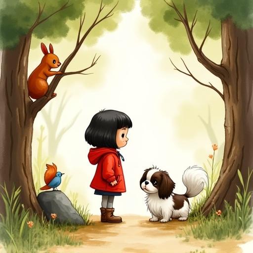 A children's book illustration in an ink sketch style. A girl with short black hair wears a red jacket. She stands on a forest path, looking at a playful Shih Tzu. A squirrel climbs a tree. A blue bird sits on a rock. Light trees frame the scene. Soft natural light enhances the charm.