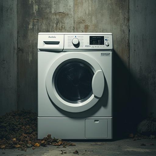 A washing machine in a dimly lit environment. The machine is white with a round door and control panel. The background is textured and worn, creating an industrial feel. The image captures a sense of stillness and functionality.