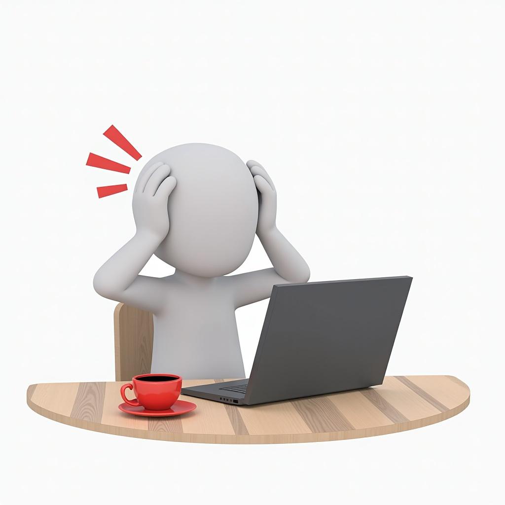 Illustration of a stressed stick figure seated at a computer with hands on head. A red cup of coffee is nearby on the table. The figure looks tired and frustrated.