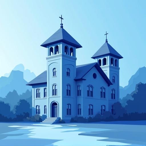 Flat geometric illustration of a traditional twin-tower school building in blue tones. 3D triangle cubism style used. Emphasizes strong 3D depth with lighting from top-left. Ambient occlusion in corners. Gradient shading on triangles. Perspective from below for height.