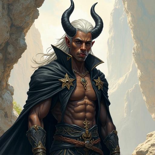 Illustration of a young man with dark skin and beast horns. Features long silver hair. Set in a fantasy world. Depicts a demigod.