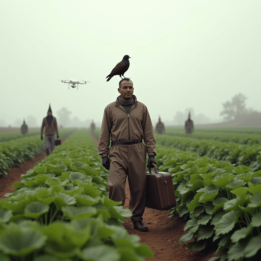 A man walks through a field in a foggy setting, carrying a suitcase with a bird perched on his head, while a drone and others stand scattered behind him.