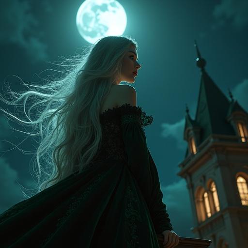 Night scene from below balcony. Beautiful woman with long silver hair. Emerald eyes, dark velvet gown. Looking down from balcony. Moonlight illuminating her face. Gothic Victorian building in background.